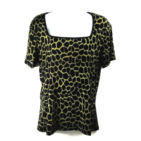 Womens Large Animal Print Top Square Neck Short Sleeve Green Black Stretch Comfy - Picture 1 of 7
